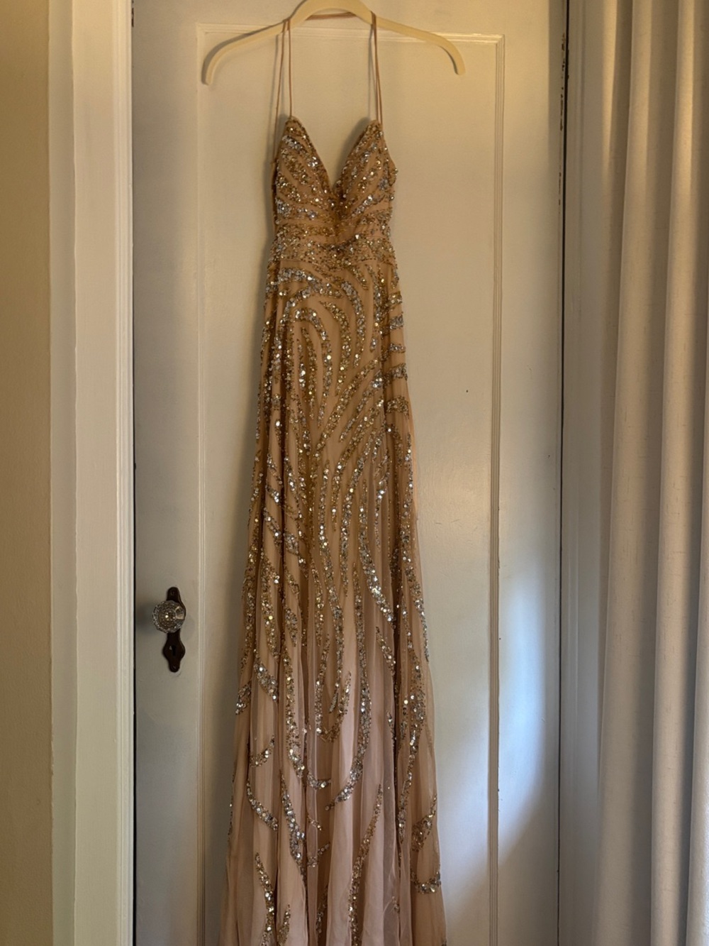 Beaded Halter-Neck Prom Gown in Champagne Nude